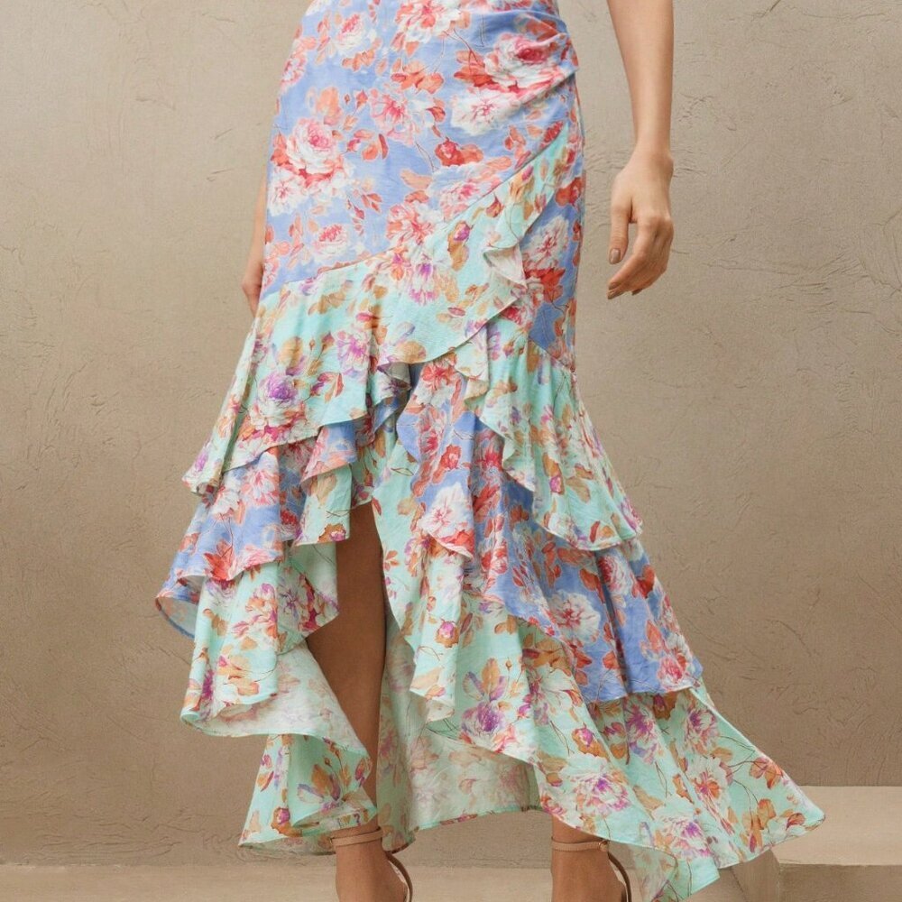 Blue Boho Women's Elegant High-Waist Dual-Tone Ruffled Asymmetric Hem Skirt - Picture 5 of 6